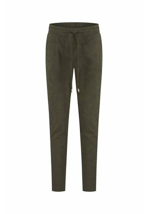 Olivengroene joggers gemaakt van zachte stof, met een trekkoord in de taille, taps toelopende benen en een minimalistisch ontwerp zonder zichtbare patronen.