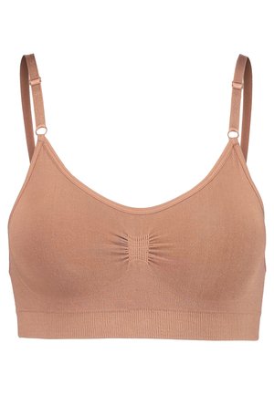 Soutien-gorge sans fil couleur marron clair en tissu lisse, avec un détail central froncé, des bretelles réglables et un design sans coutures.