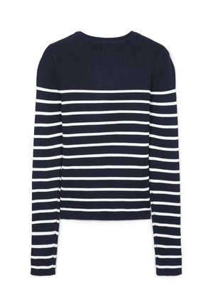 Top a maniche lunghe rigato presenta strisce orizzontali blu navy e bianche. Collo a giro, design aderente e dettagli con spacchi laterali all'orlo.