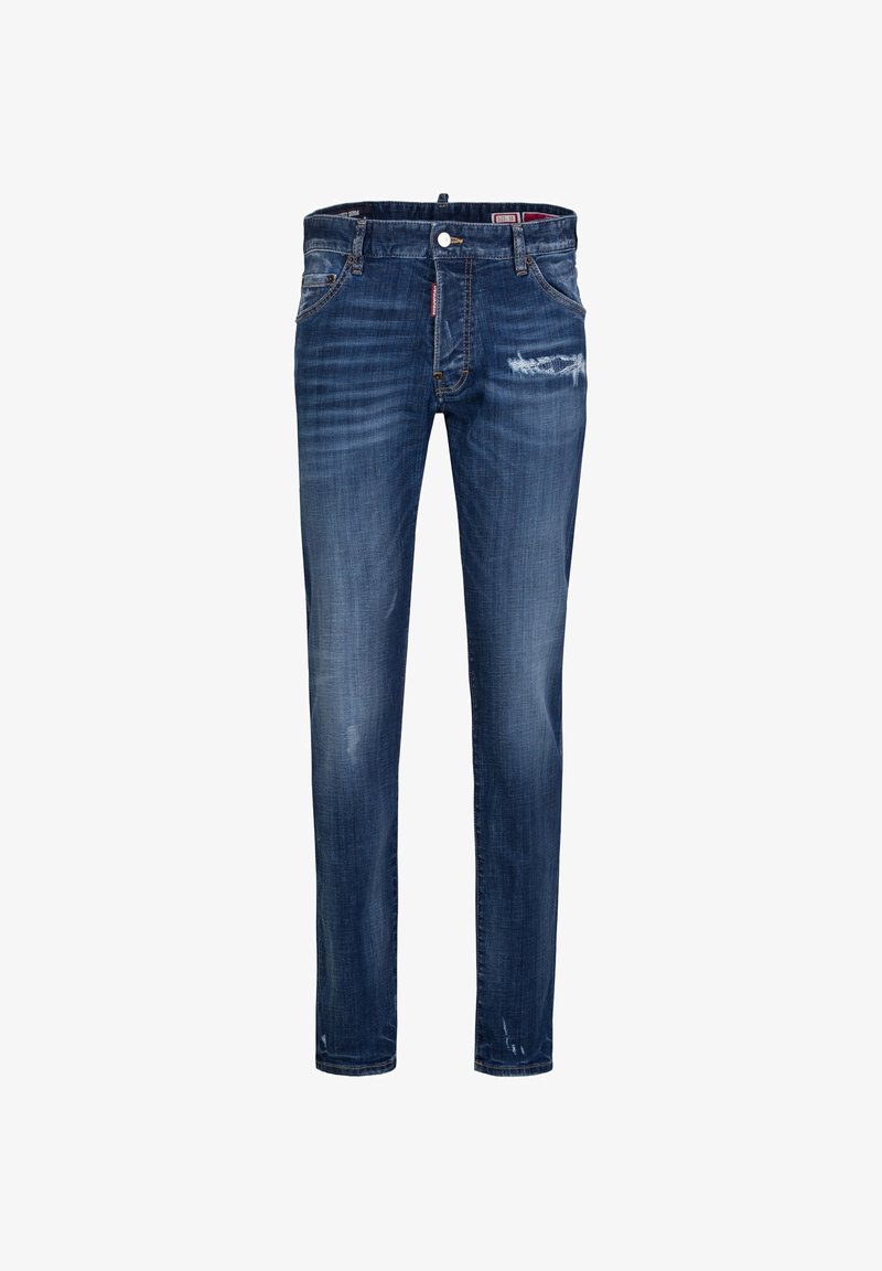 Men’s dark blue slim-fit jeans with faded areas, a small torn detail on the right thigh, five pockets, and a button closure at the waist.