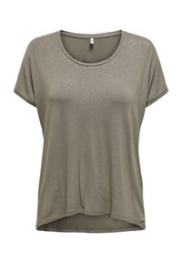 Top corto a maniche corte verde oliva, realizzato in un tessuto morbido e leggero con una leggera lucentezza. Presenta un scollo a giro e un orlo arrotondato per un fit rilassato.