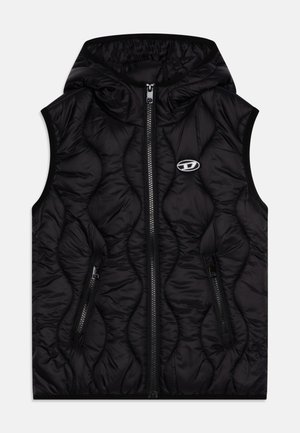 Gilet senza maniche con cappuccio in morbido tessuto trapuntato nero, con zip frontale, due tasche con zip e piccolo logo bianco sul lato sinistro del petto.