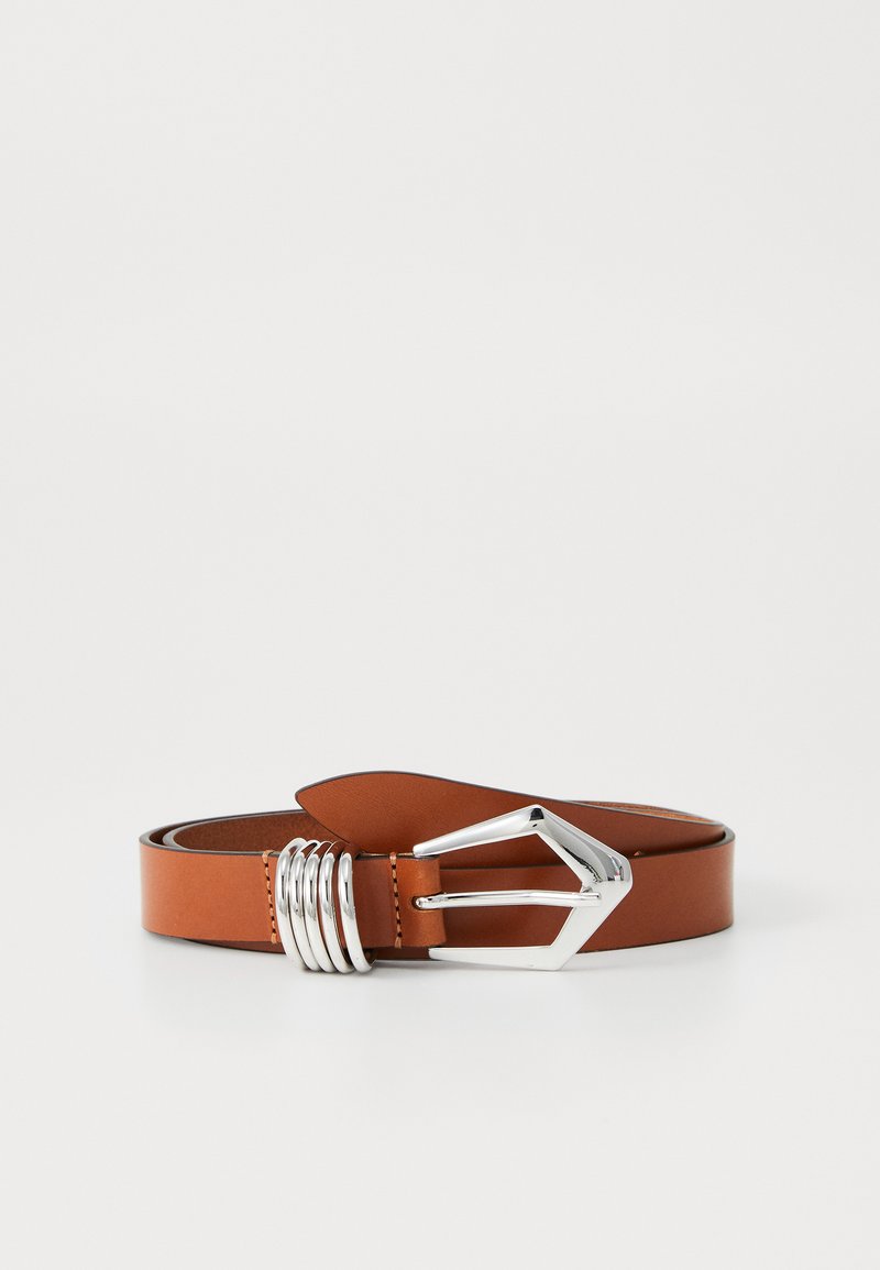 Brown leather belt with a silver angular buckle and four silver loops, laid flat against a white background.