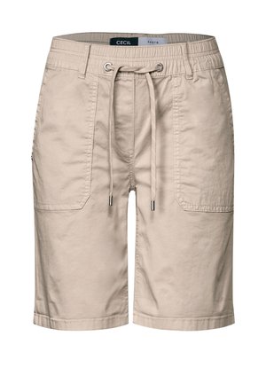 Beige Shorts aus Baumwolle mit einem Kordelzugbund, Fronttaschen und einer glatten Textur. Sie verfügen über gestickte Nähte und einen lockeren Schnitt.