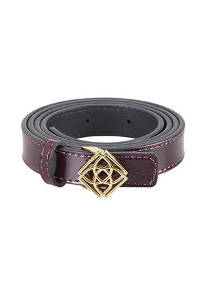 Coiled dark purple leather belt with pink stitching and a gold geometric square buckle on a white background.