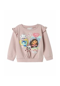 Suéter infantil de color rosa claro con detalles de volantes en los hombros y personajes de dibujos animados de Gabby Cats en colores vivos, junto con gráficos de arcoíris en el frente.