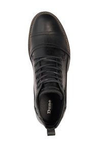 Black leather boot with a rounded toe, lace-up front, stitched detailing, and a pull tab at the heel. Features a soft interior lining.