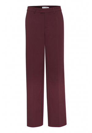 Burgundy wide-leg trousers made from smooth fabric, featuring a flat front, belt loops, and two side pockets.