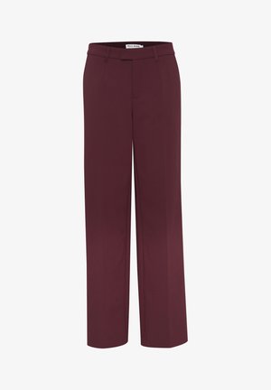 Burgundi värvi laiad püksid, mis on valmistatud siledast kangast, millel on lame eesmine osa, vöökoht ja kaks küljetaskut.