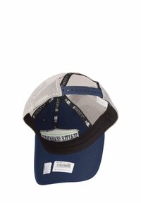 Marineblaues Baseballcap mit Snapback-Verschluss, Netzrücken und schwarzem Schirm. Enthält Etiketten im Inneren, darunter das Logo der "Seattle Mariners".