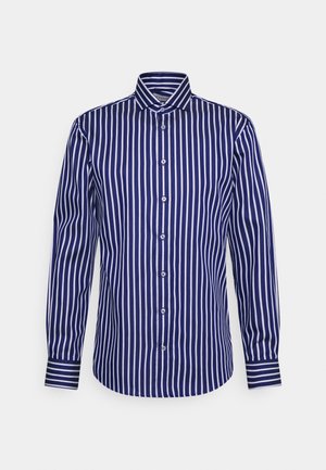 Dunkelblaues Langarmhemd mit vertikalen weißen Streifen, klassischem Kragen, durchgeknöpftem Vorderteil und mit Knöpfen versehene Manschetten.