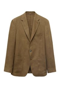 Blazer din in culoare maro, cu un singur nasture în față, revere ascuțite, două buzunare frontale aplicate și un buzunar pe piept înclinat. Textură fină și croială lejeră.