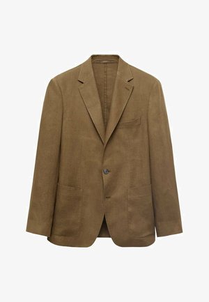 Brun linnblazer, med enkel knappstängning, notch-krage, två framfickor med lappfickor och en sned bröstfickan. Säm smooth struktur och avslappnad passform.