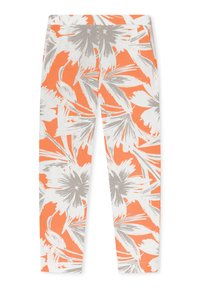 Tights med en livlig orange bakgrund och stora grå blomstertryck, tillverkade av stretchig tyg för komfort och flexibilitet.