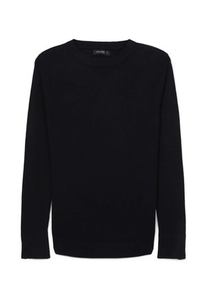 Maglione nero a maniche lunghe con colletto a giro, con polsini e fondo a coste, disteso su uno sfondo bianco.