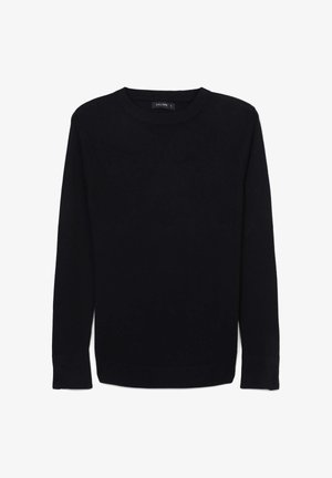 Schwarzer Langarm-Pullover mit Rundhalsausschnitt, gerippten Bündchen und Saum, flach auf einem weißen Hintergrund ausgelegt.