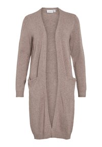 Lång öppen fram taupe stickad cardigan med lång ärm och två framfickor.