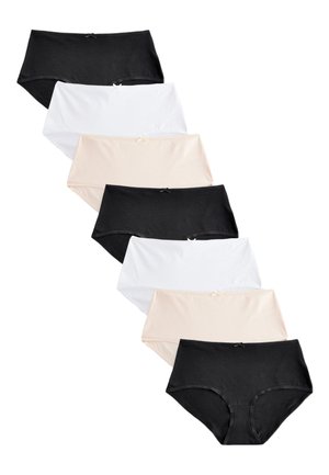 Seitse naiste puuvillased püksikud mustas, valges ja beežis värvitoonis, paigutatud valgele taustale nihutatult vertikaalsesse ritta.