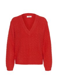 Bright red, long-sleeve cable-knit sweater with deep V-neck and ribbed cuffs and hem, labeled "soaked" inside the collar.