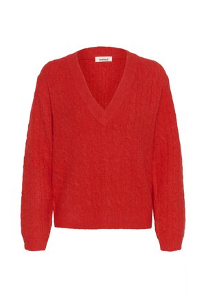 Bright red, long-sleeve cable-knit sweater with deep V-neck and ribbed cuffs and hem, labeled "soaked" inside the collar.