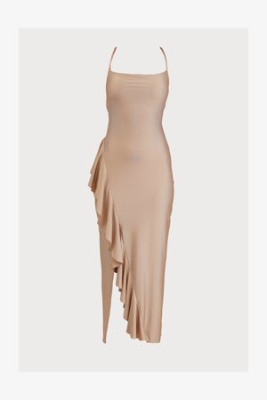 Nude, sleeveless dress made of smooth fabric, featuring a draped ruffle detail along one side and a sleek, fitted silhouette.