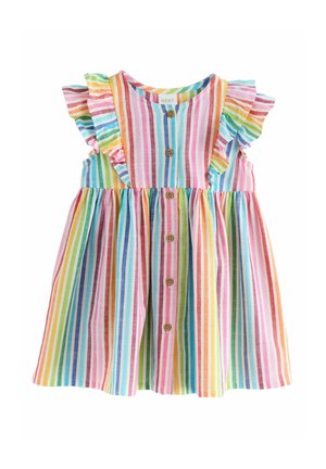 Mehrfarbig gestreiftes Baumwollkleid mit Knopfleiste, Rüschenärmeln und ausgestelltem Rock mit vertikalen Streifen in verschiedenen leuchtenden Farben.