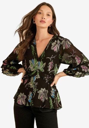 REGULAR FIT - 3D FLORAL PRINT BLUSH WITH PEPLUM DEATIL AND V-NECKLINE - Blúzka - black metallic floral print