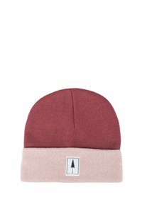 Gorro de punto con la parte superior color burdeos y el puño en rosa claro, que presenta un parche rectangular con la silueta de un árbol. Textura suave y ajuste elástico.