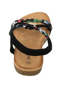 Czarne sandały z plecionymi paseczkami z tkaniny i kwiatowymi akcentami, z wyściełanym brązowym wkładką i gumową podeszwą dla wsparcia.