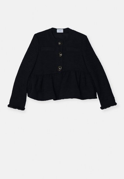 Black textured jacket with a peplum design, featuring three buttons, two chest pockets, and frayed sleeves.