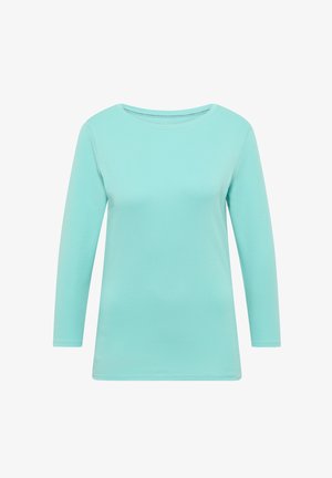 Top de mangas largas en color turquesa claro, hecho de un tejido suave y elástico, con escote redondo y un ajuste relajado. Sin patrones ni acentos visibles.