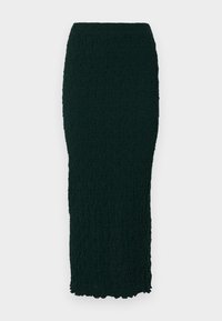 Jupe midi vert foncé texturée avec un ourlet ondulé. Présente un tissu froissé, une silhouette ajustée et une ceinture élastique.