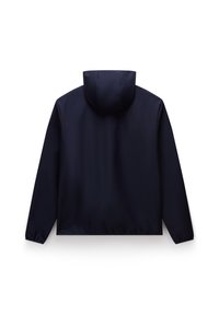Navy hooded jacket with a smooth, water-resistant fabric. Features elastic cuffs and a relaxed fit. No visible branding or patterns.