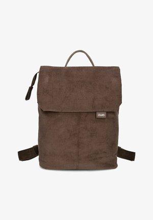 Brown corduroy backpack with a flap closure, top handle, adjustable shoulder straps, and a small rectangular brand tag on the front.