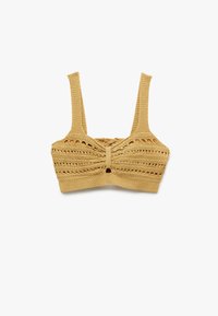 Top da bikini giallo lavorato a maglia con spalline larghe, tessuto testurizzato, bordi scallop e dettaglio del nodo centrale.