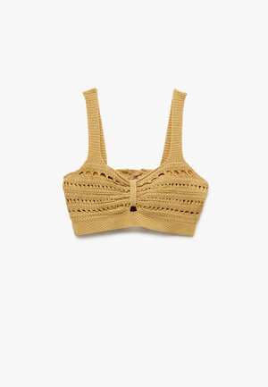 Haut de bikini en tricot jaune avec de larges bretelles, tissu texturé, bords festonnés et détail de nœud central.