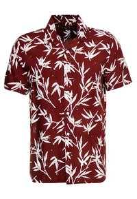 Camicia a maniche corte con bottoni di colore rosso scuro, decorata con un motivo di foglie di bambù bianche e colletto alla francese.