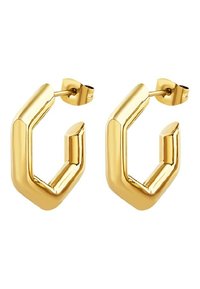 Guld geometriska hoopörhängen med hexagonal form och polerad yta. Inkluderar en stiftpost för säker infästning.