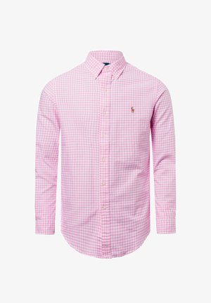 Lichtroze ruitjes overhemden met lange mouwen, een puntige kraag en een klein geborduurd logo op de linkerborst.