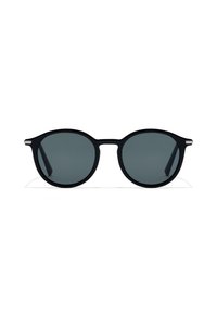 Ochelari de soare rotunzi cu ramă din plastic negru și lentile gri închis. Dispune de accente metalice subțiri pe ramă. Textură netedă.