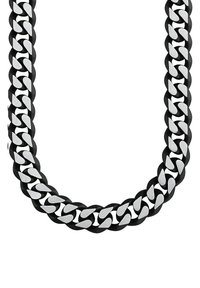 Chunky schakelketting met afwisselende zwarte en zilveren schakels, met een slanke metallic afwerking en een gladde textuur.