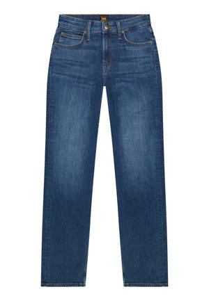 Herren-Jeans in Blau mit geradem Bein, fünf Taschen, Knopfverschluss und dezenter Used-Optik, mit einem Lee-Label am Bund.