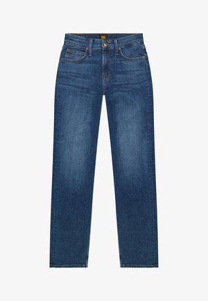 Męskie niebieskie jeansy o prostych nogawkach z pięcioma kieszeniami, zapinane na guziki, z delikatnym spraniem, oznaczone metką Lee na pasie.