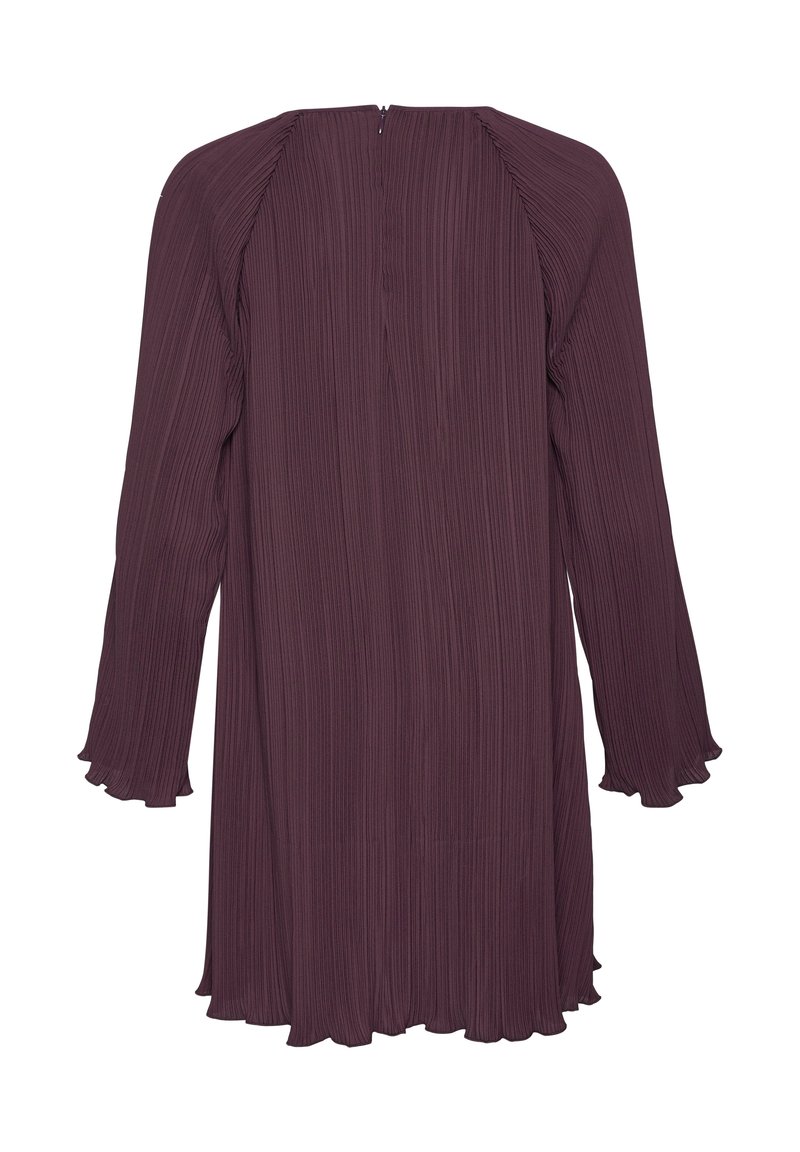 Kleid in Pflaumenfarbe mit langen Ärmeln und gefaltetem Design, runder Ausschnitt und Rüschensäumen. Verfügt über einen Reißverschluss auf der Rückseite und eine fließende Silhouette.