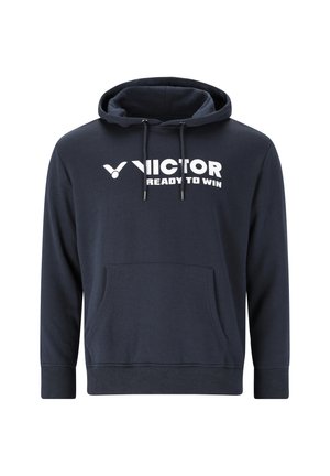 Marineblå hættetrøje med frontlomme, snore og hvidt "VICTOR READY TO WIN" logo trykt over brystet.