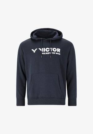 Marineblå hættetrøje med frontlomme, snore og hvidt "VICTOR READY TO WIN" logo trykt over brystet.