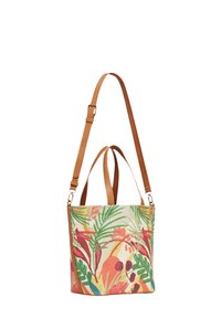 Canvas-Tasche mit einem tropischen Blumenmuster in verschiedenen Farben, ausgestattet mit Ledergriffen und einer strukturierten rechteckigen Form.