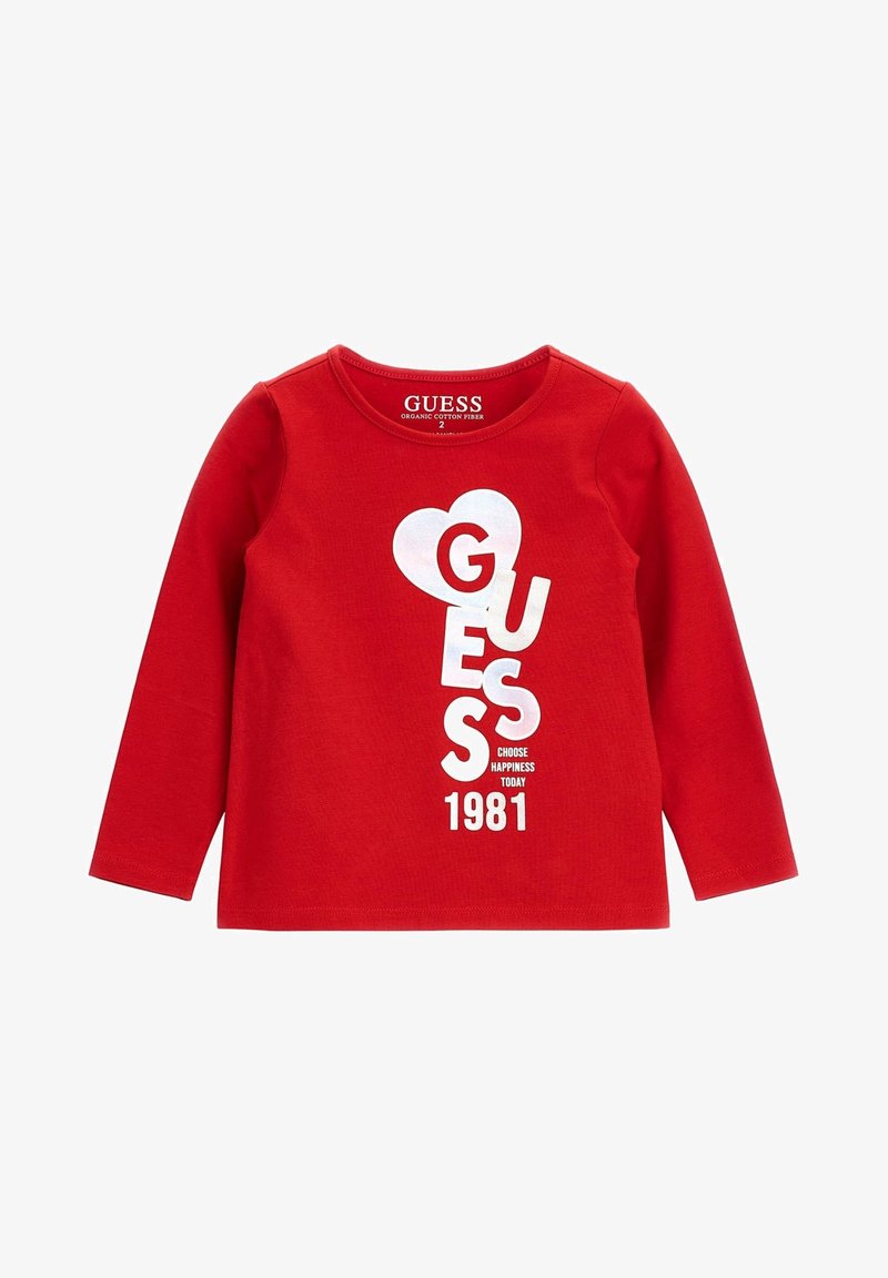 Maglietta rossa a maniche lunghe per bambini con lettere bianche "GUESS", grafica a cuore, la scritta "Choose Happiness Today" e "1981" stampate sul davanti.