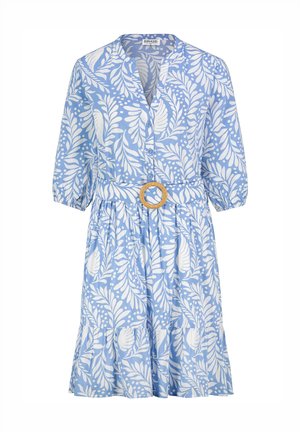 Light blue knee-length dress with white leaf pattern, three-quarter sleeves, buttoned front, and matching belt with round buckle.