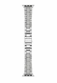 Pulsera de reloj de metal plateado con eslabones rectangulares, adornada con cristales transparentes, que presenta un cierre grabado con "Michael Kors".